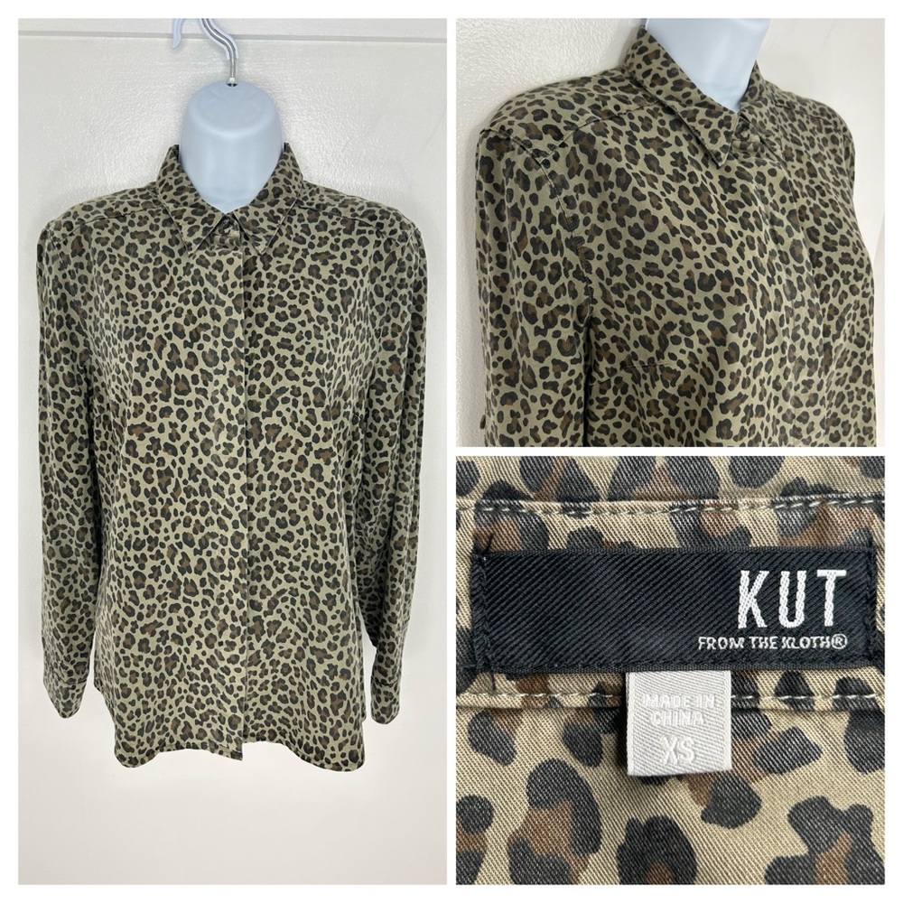 Kut From the Kloth Green Leopard Print Shirt Size XS‎ Button Front Long Sleeve
